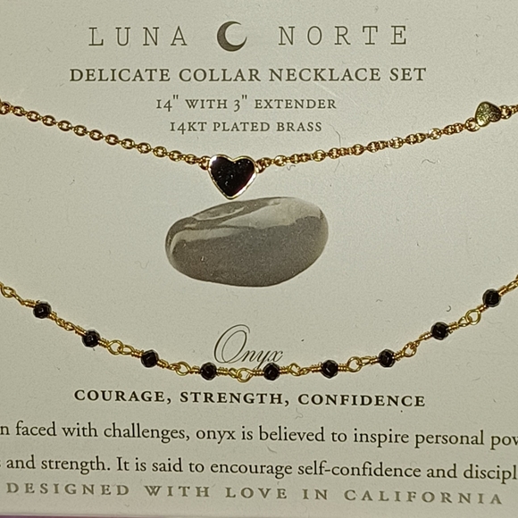 2 pc Luna Norte Moon double Layer Necklaces BLACK ONYX HEART Link Chain Gold NWT - Picture 5 of 5